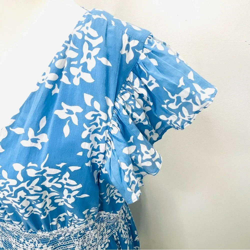 SAIL TO SABLE Blue Floral Flutter Ruffle Sleeve Smock Waist Mini Dress Large - Picture 3 of 13